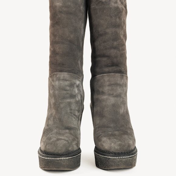 Yves Saint Laurent Grey Suede Shearling Platform Wedge Boot - Picture 2 of 10